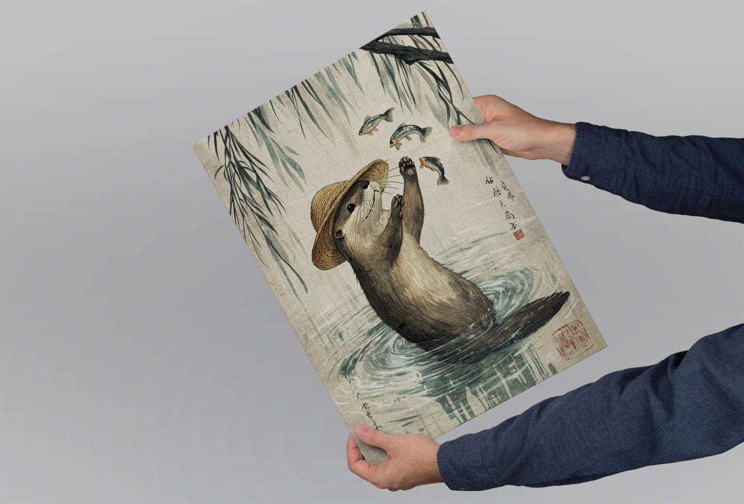 Otter With Fish Print, Ukiyo-e Japanese Art, Zen Wildlife Decor