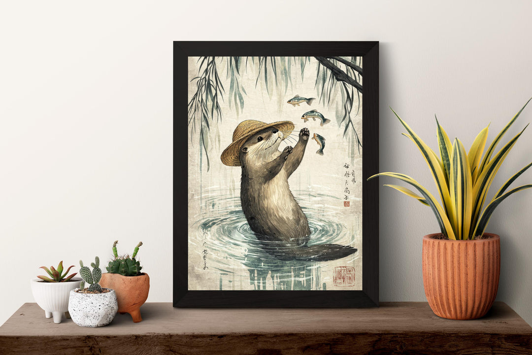 Otter With Fish Print, Ukiyo-e Japanese Art, Zen Wildlife Decor