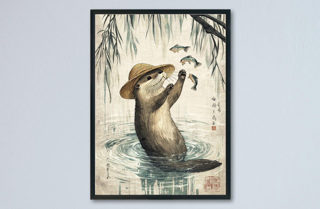 Otter With Fish Print, Ukiyo-e Japanese Art, Zen Wildlife Decor