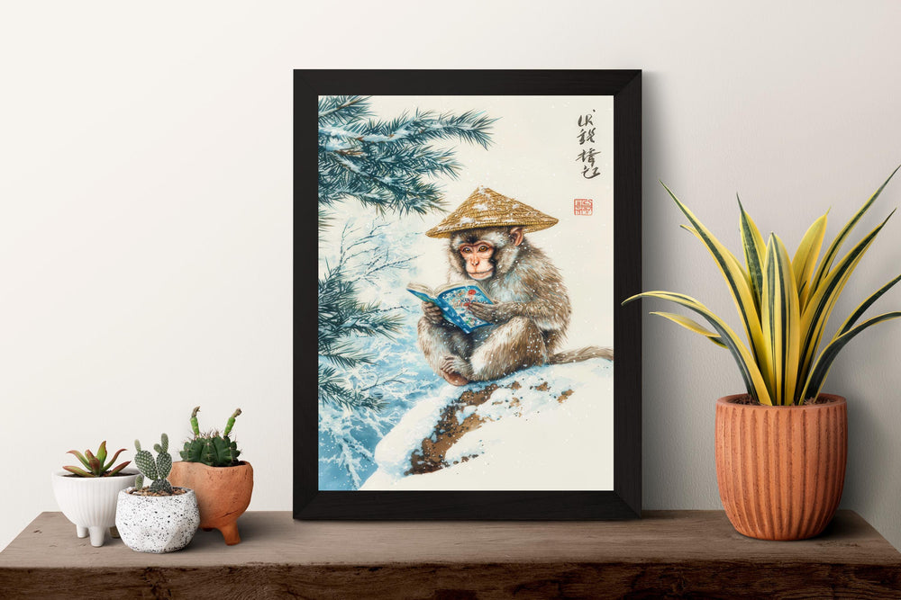 Monkey Reading Comic Woodblock Print Ukiyo-e Style Japanese Animal Art Zen Monkey Wall Decor Japanese Inspired Pop Culture Artwork Funny