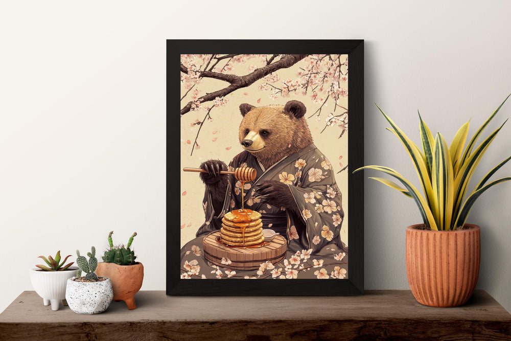Bear with Honey Woodblock Print, Ukiyo-e Style Japanese Art