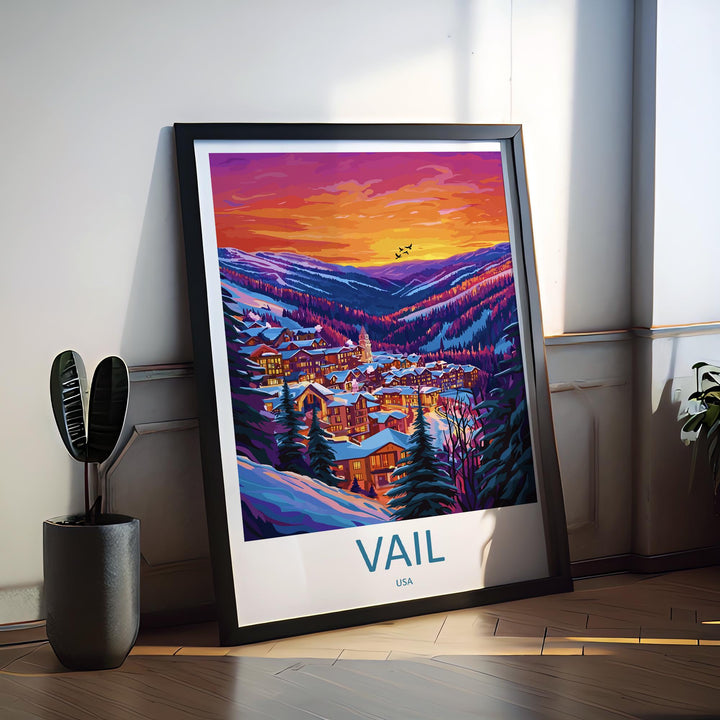 Vail Travel Poster Colorado Wall Art Ski Resort Print Mountain Village Illustration Snowy Landscape Decor Vail Gift Souvenir Scene