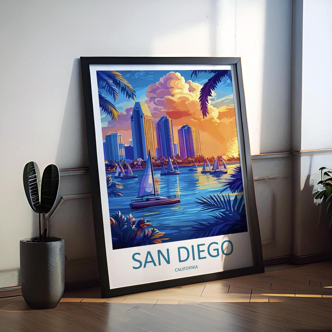 San Diego Travel Poster California Wall Art Coastal City Print Ocean View Illustration Palm Tree Decor San Diego Gift Souvenir Scene