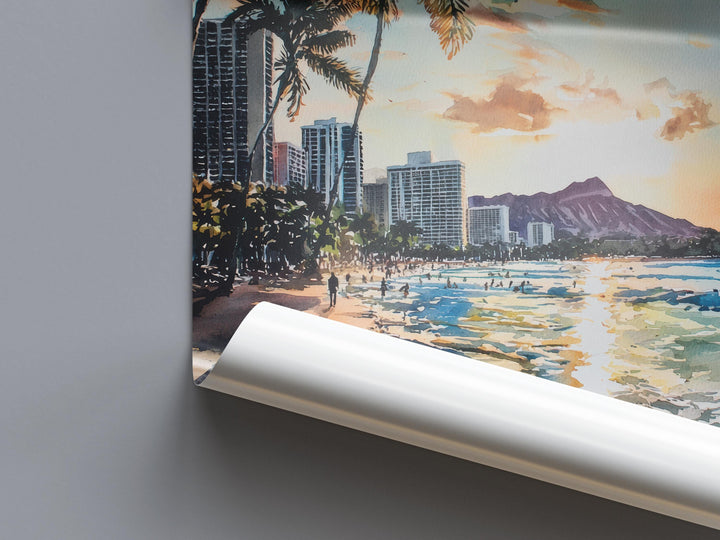 Waikiki Beach Watercolor Poster Waikiki Travel Print Waikiki Hawaii Art Waikiki Beach Decor Waikiki Wall Art