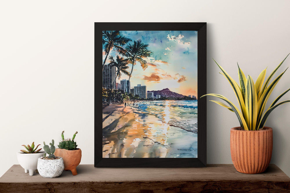 Waikiki Beach Watercolor Poster Waikiki Travel Print Waikiki Hawaii Art Waikiki Beach Decor Waikiki Wall Art