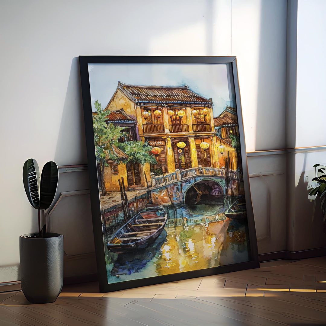 Hoi An Watercolor Poster Hoi An Travel Print Vietnam Wall Art Hoi An Lantern Decor Ancient Town River View Southeast Asia Cityscape Print