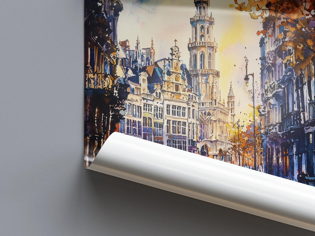 Brussels Watercolor Poster Brussels Travel Print Belgium Wall Art Brussels Cityscape Decor Grand Place Architecture Europe Scene Print