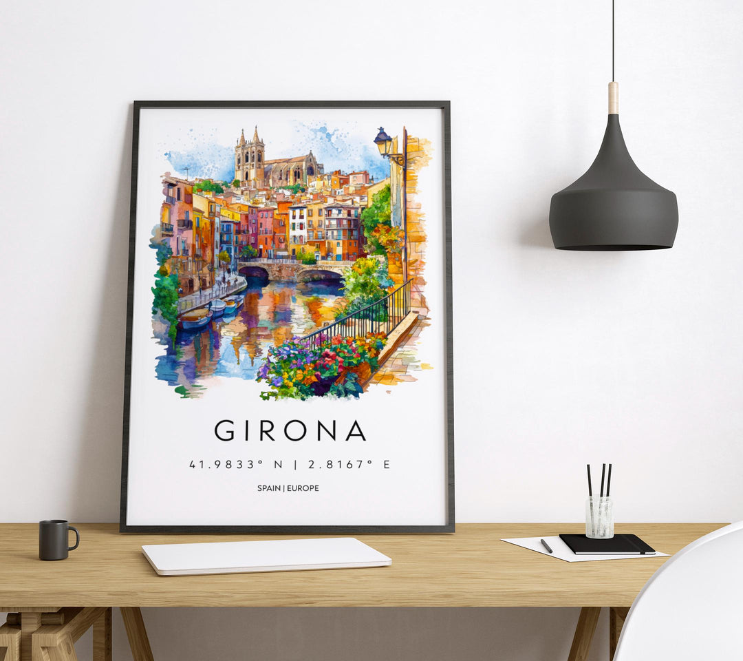 Girona Watercolor Poster Girona Spain Travel Print Wall Art Girona Home Decor Girona Gift Art Lovers Spain Art Girona Old Town