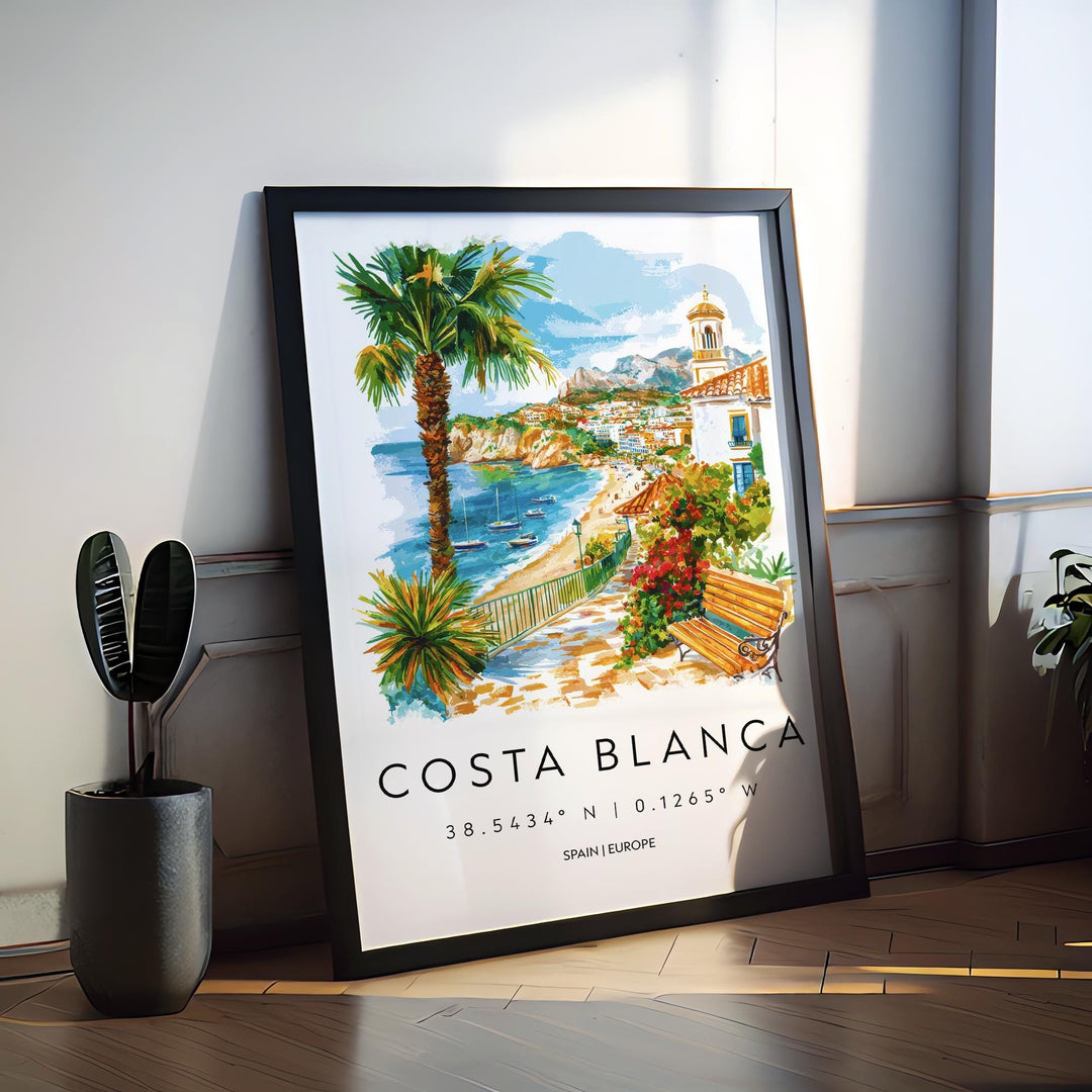 Costa Blanca Watercolor Poster Costa Blanca Spain Travel Print Wall Art Costa Blanca Home Decor Costa Blanca Gift Art Lovers Spain Art
