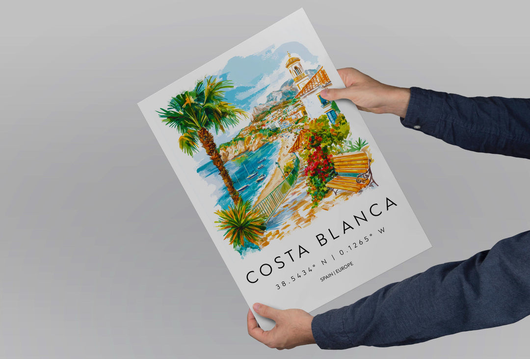 Costa Blanca Watercolor Poster Costa Blanca Spain Travel Print Wall Art Costa Blanca Home Decor Costa Blanca Gift Art Lovers Spain Art