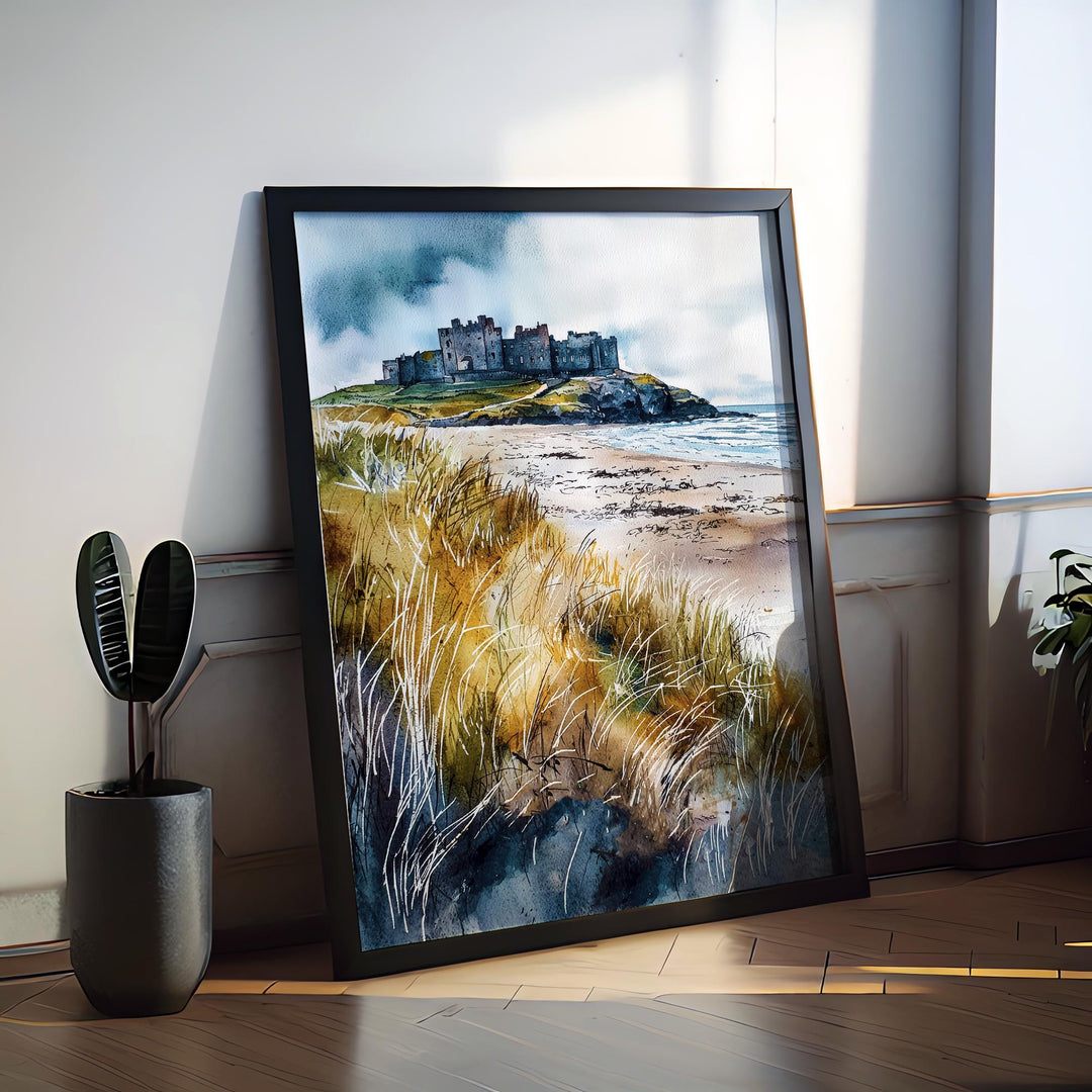 Bamburgh Castle Watercolor Poster Northumberland Travel Print England Wall Art Coastal Fortress Decor Historic Landscape Scenic Print