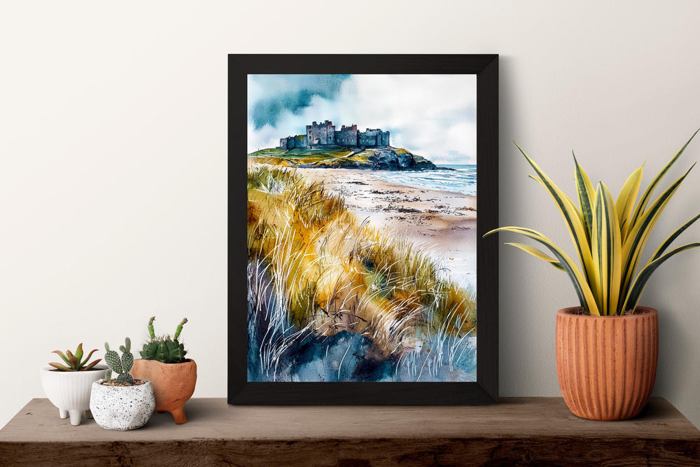 Bamburgh Castle Watercolor Poster Northumberland Travel Print England Wall Art Coastal Fortress Decor Historic Landscape Scenic Print