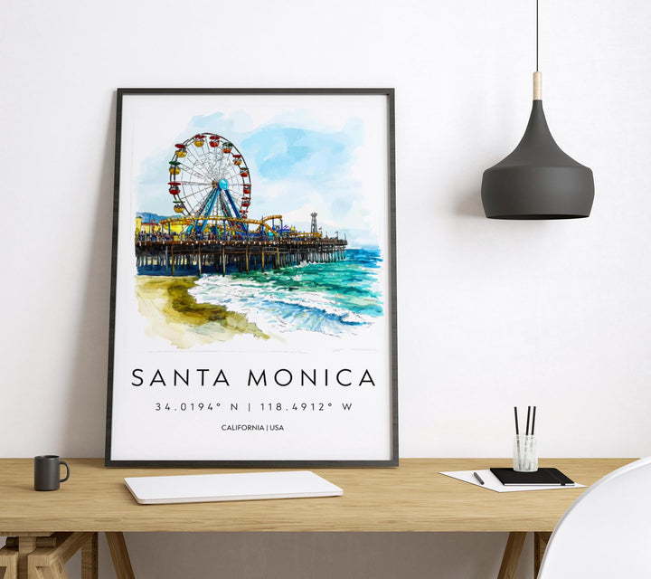 Santa Monica Watercolor Poster Santa Monica California Travel Print Wall Art Santa Monica Home Decor Santa Monica Gift Art Lovers Beach Life