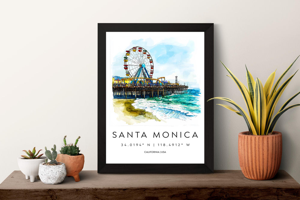 Santa Monica Watercolor Poster Santa Monica California Travel Print Wall Art Santa Monica Home Decor Santa Monica Gift Art Lovers Beach Life