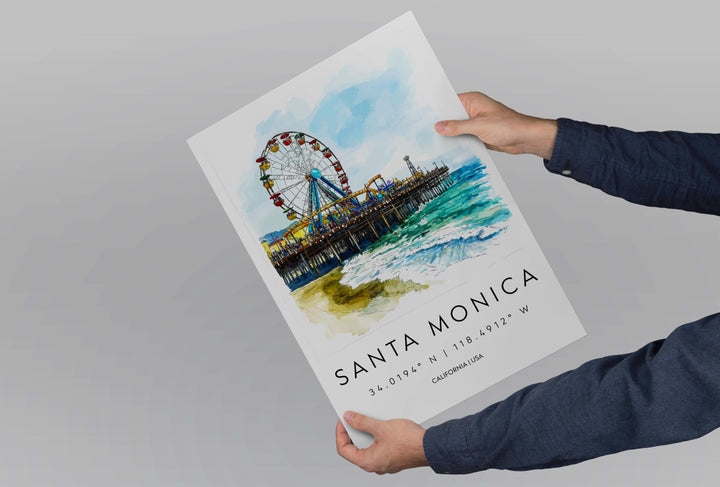 Santa Monica Watercolor Poster Santa Monica California Travel Print Wall Art Santa Monica Home Decor Santa Monica Gift Art Lovers Beach Life