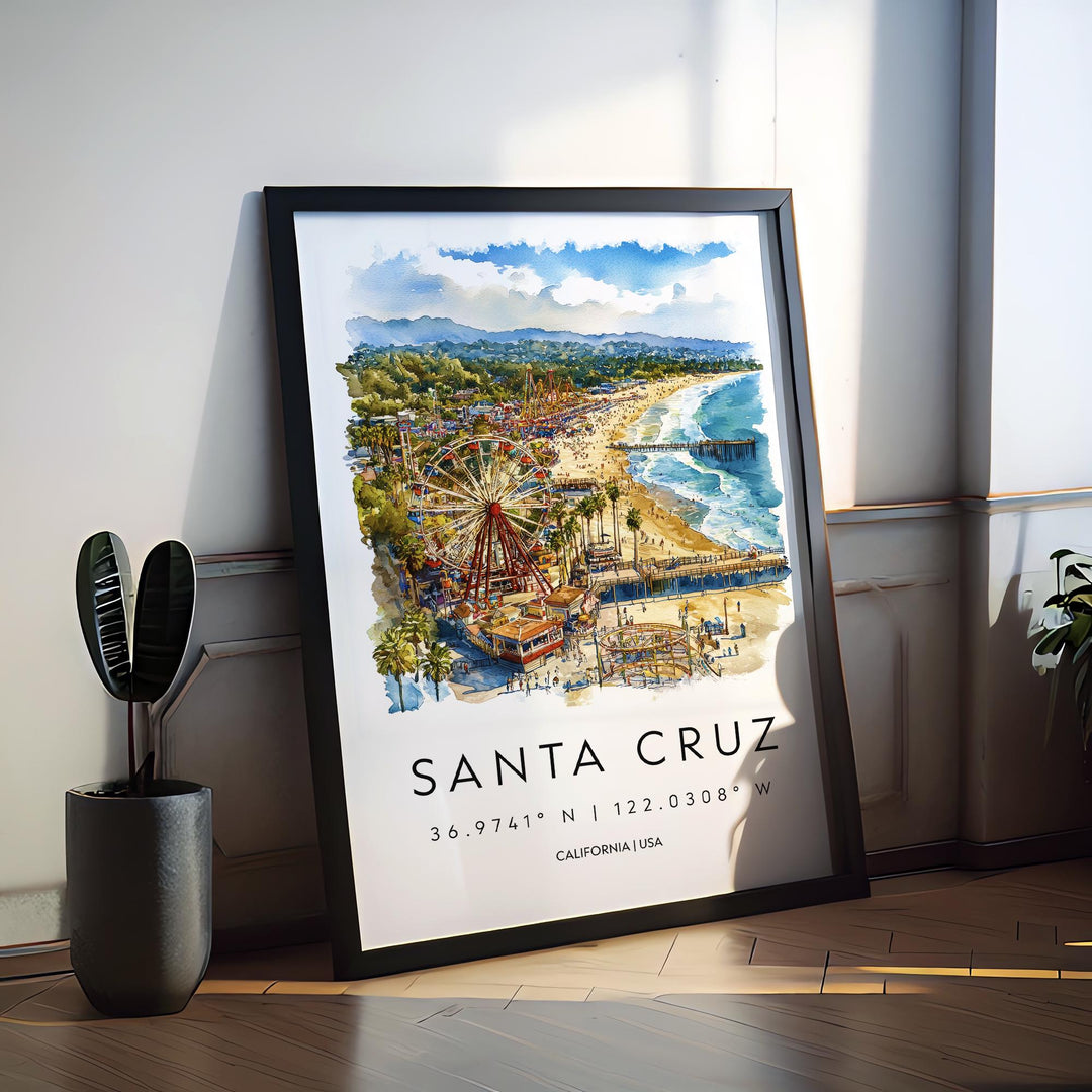Santa Cruz Watercolor Poster Santa Cruz California Travel Print Wall Art Santa Cruz Home Decor Santa Cruz Gift Art Lovers Beach Town