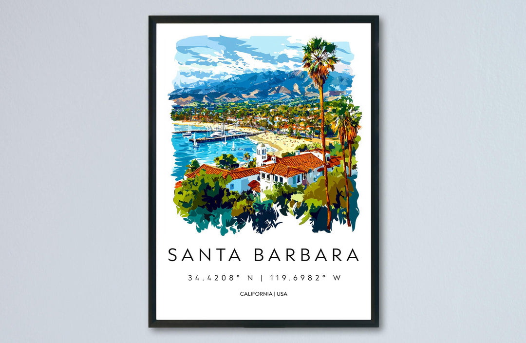 Santa Barbara Watercolor Poster Santa Barbara California Travel Print Wall Art Santa Barbara Home Decor Santa Barbara Gift Art Lovers