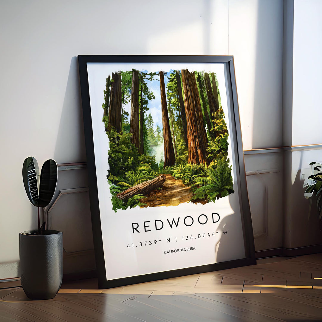 Redwood Watercolor Poster Redwood California Travel Print Wall Art Redwood Home Decor Redwood Gift Art Lovers Redwood National Park