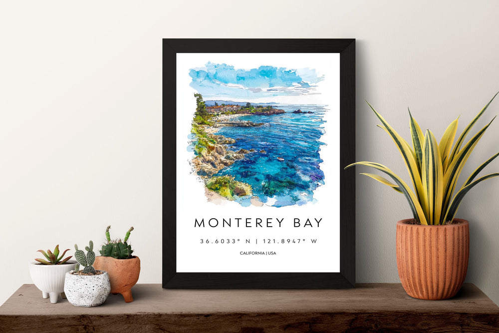 Monterey Bay Watercolor Poster Monterey Bay California Travel Print Wall Art Monterey Bay Home Decor Monterey Bay Gift Art Lovers Coastal