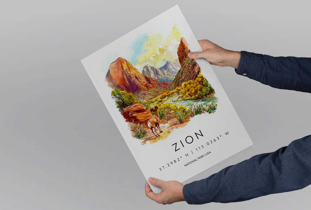 Zion National Park Watercolor Poster Zion Travel Print Utah Wall Art Canyon Landscape Decor Zion Hiking Scene Nature Southwest Print