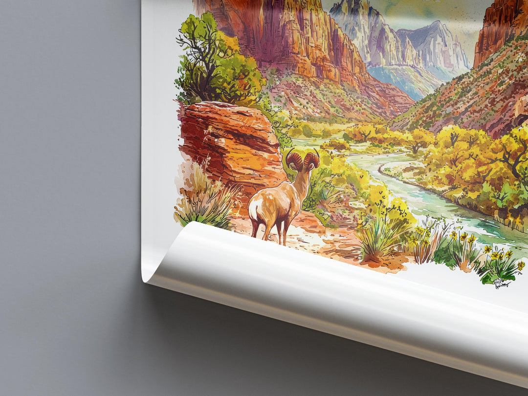 Zion National Park Watercolor Poster Zion Travel Print Utah Wall Art Canyon Landscape Decor Zion Hiking Scene Nature Southwest Print