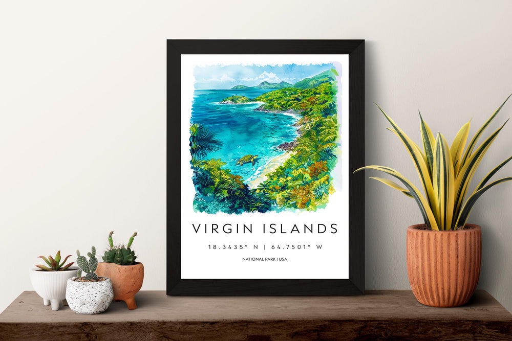 Virgin Islands Watercolor Poster Caribbean Travel Print Island Wall Art Virgin Islands Decor Tropical Landscape Beach Scene Ocean View Print