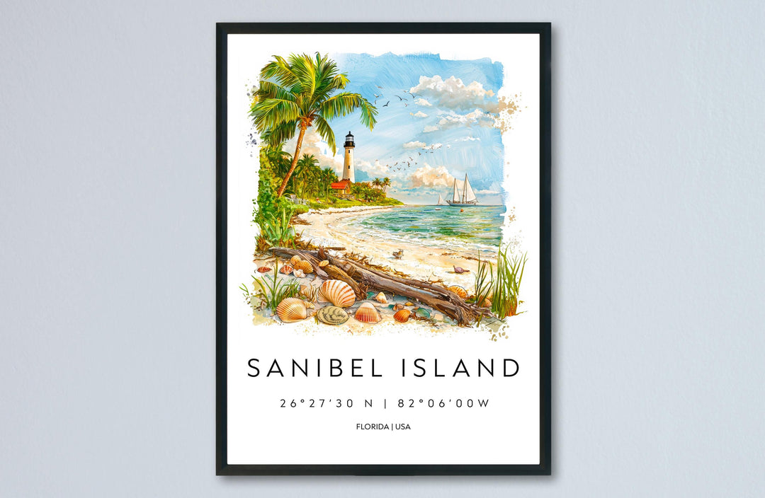 Sanibel Island Watercolor Poster Sanibel Travel Print Florida Wall Art Sanibel Island Decor Coastal Beach Scene Ocean View Shell Print