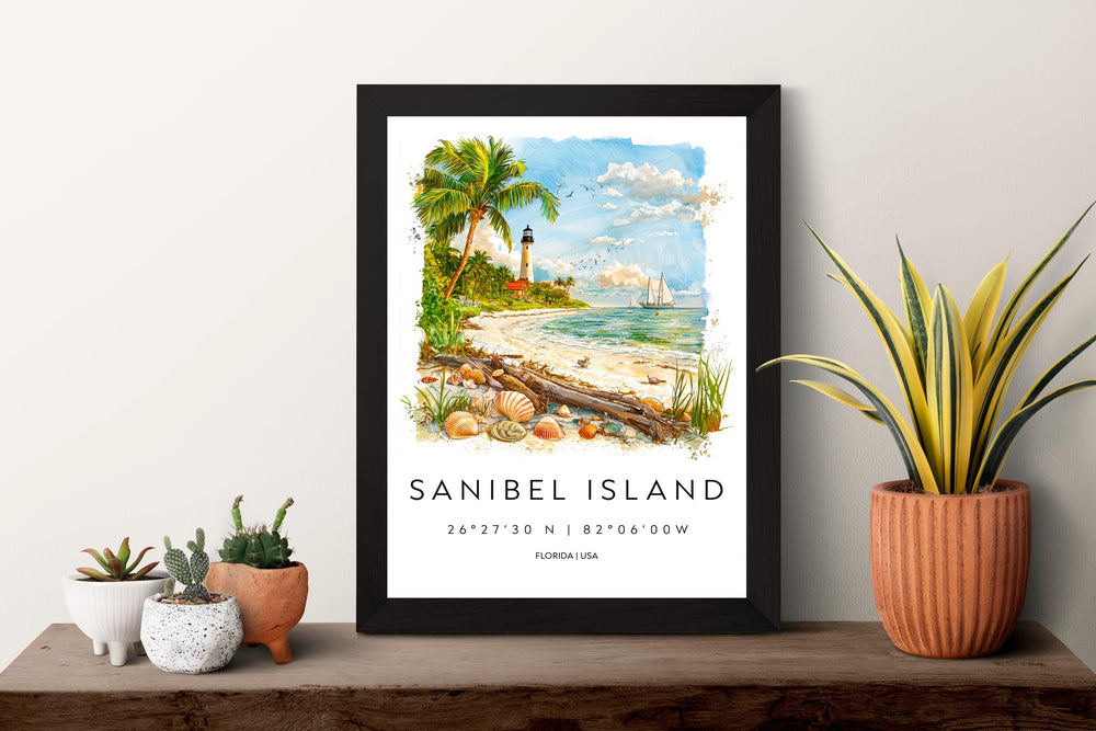 Sanibel Island Watercolor Poster Sanibel Travel Print Florida Wall Art Sanibel Island Decor Coastal Beach Scene Ocean View Shell Print