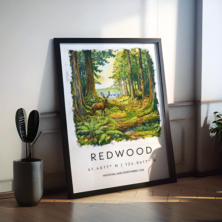 Redwood Watercolor Poster Redwood Travel Print California Wall Art Redwood Forest Decor Coastal Landscape Redwood Tree Scene Print