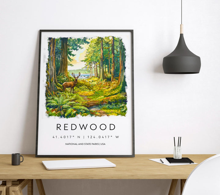 Redwood Watercolor Poster Redwood Travel Print California Wall Art Redwood Forest Decor Coastal Landscape Redwood Tree Scene Print