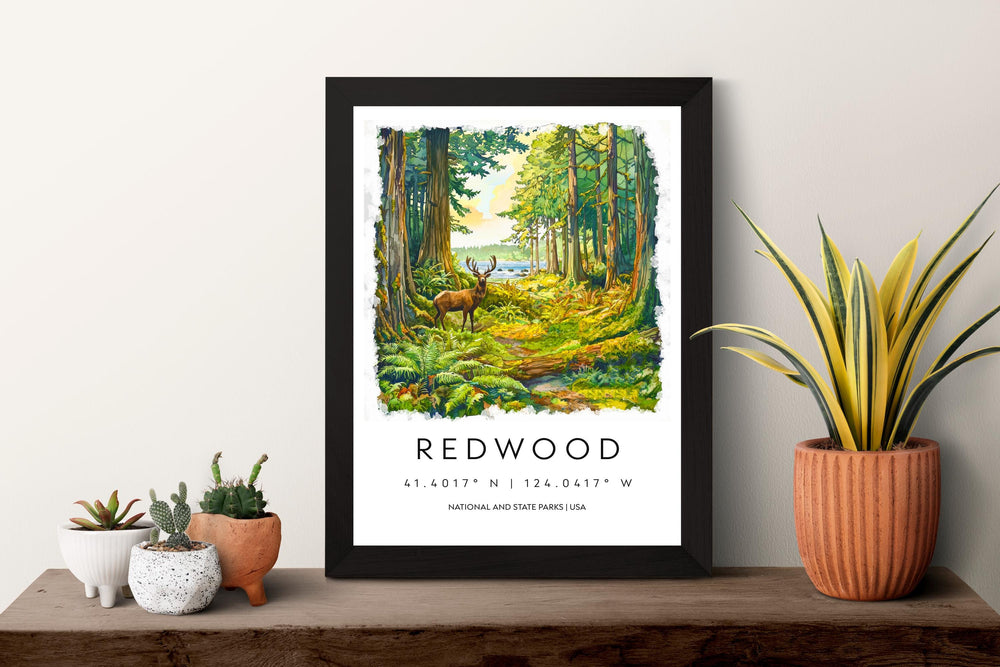 Redwood Watercolor Poster Redwood Travel Print California Wall Art Redwood Forest Decor Coastal Landscape Redwood Tree Scene Print