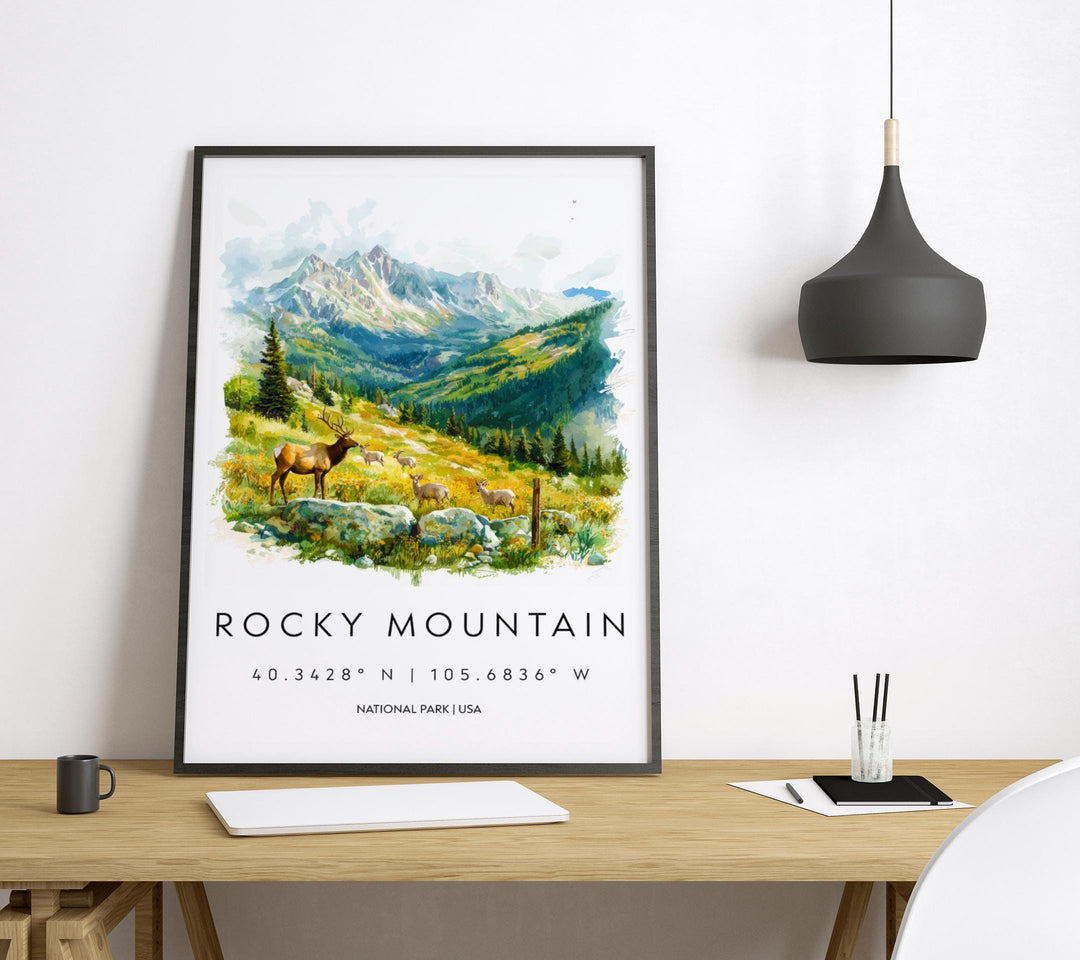 Rocky Mountain Watercolor Poster Rocky Mountain Travel Print Colorado Wall Art National Park Decor Alpine Landscape Hiking Nature Print