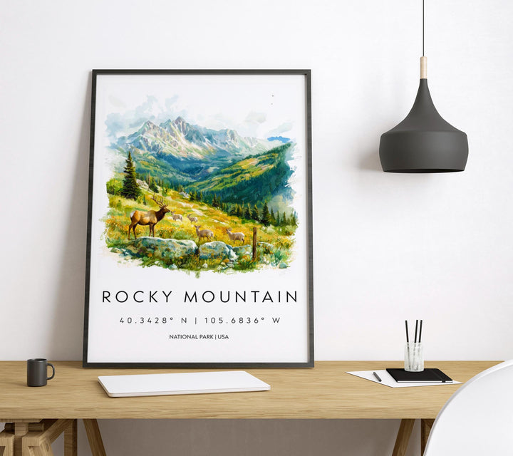 Rocky Mountain Watercolor Poster Rocky Mountain Travel Print Colorado Wall Art National Park Decor Alpine Landscape Hiking Nature Print
