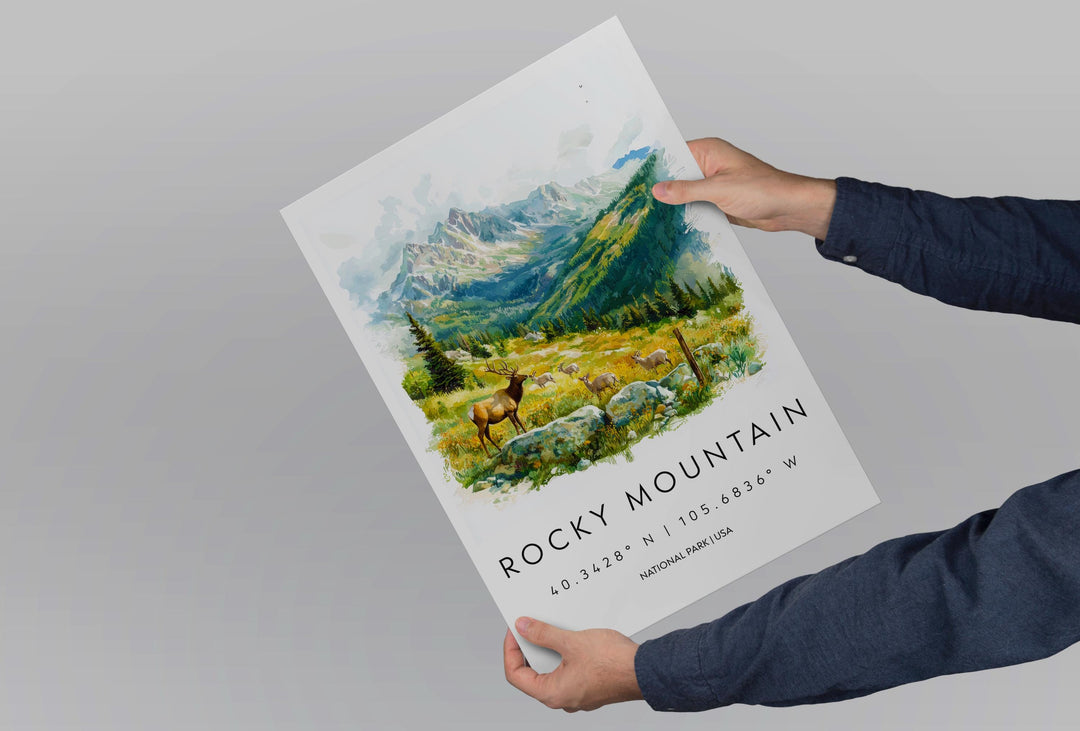 Rocky Mountain Watercolor Poster Rocky Mountain Travel Print Colorado Wall Art National Park Decor Alpine Landscape Hiking Nature Print