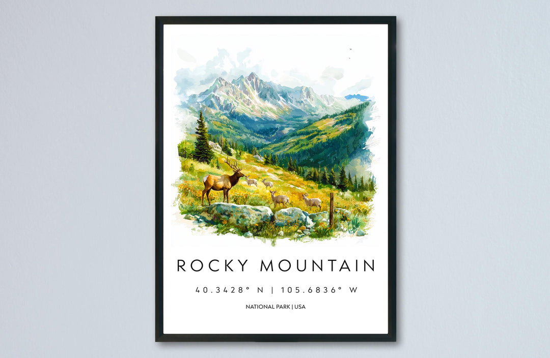 Rocky Mountain Watercolor Poster Rocky Mountain Travel Print Colorado Wall Art National Park Decor Alpine Landscape Hiking Nature Print