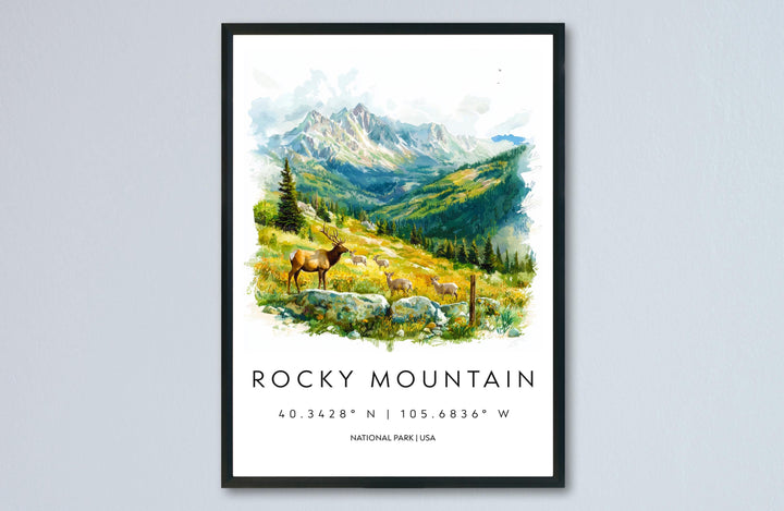 Rocky Mountain Watercolor Poster Rocky Mountain Travel Print Colorado Wall Art National Park Decor Alpine Landscape Hiking Nature Print