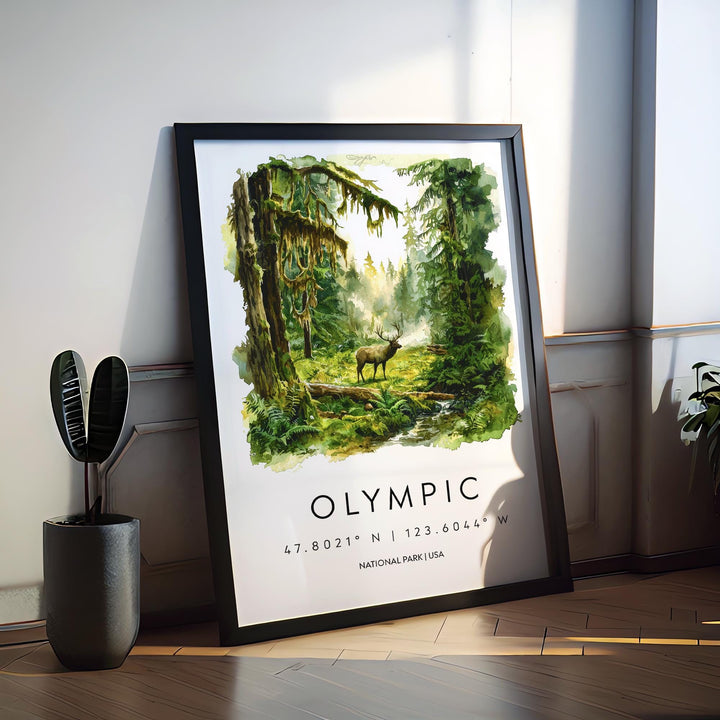 Olympic Watercolor Poster Olympic Travel Print Washington Wall Art Olympic National Park Decor Forest Coast Mountain Scene Landscape Print