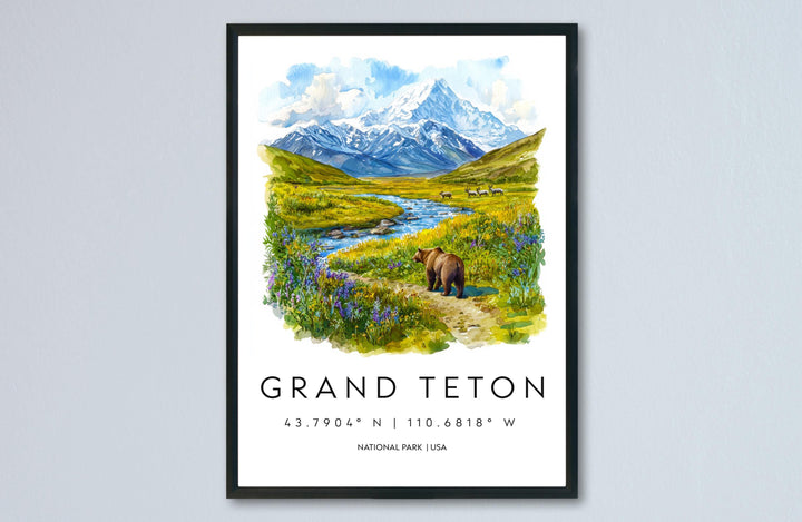 Grand Teton Watercolor Poster Grand Teton Travel Print Wyoming Wall Art National Park Decor Mountain Landscape Grand Teton Scene Print