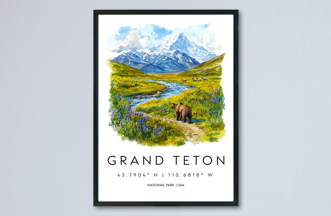 Grand Teton Watercolor Poster Grand Teton Travel Print Wyoming Wall Art National Park Decor Mountain Landscape Grand Teton Scene Print