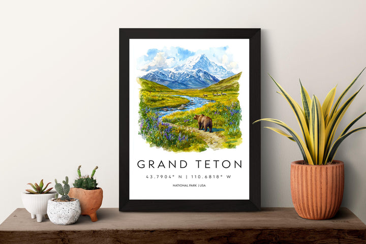 Grand Teton Watercolor Poster Grand Teton Travel Print Wyoming Wall Art National Park Decor Mountain Landscape Grand Teton Scene Print