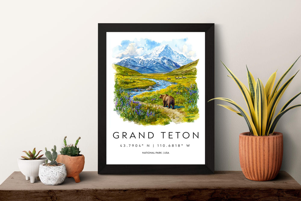 Grand Teton Watercolor Poster Grand Teton Travel Print Wyoming Wall Art National Park Decor Mountain Landscape Grand Teton Scene Print