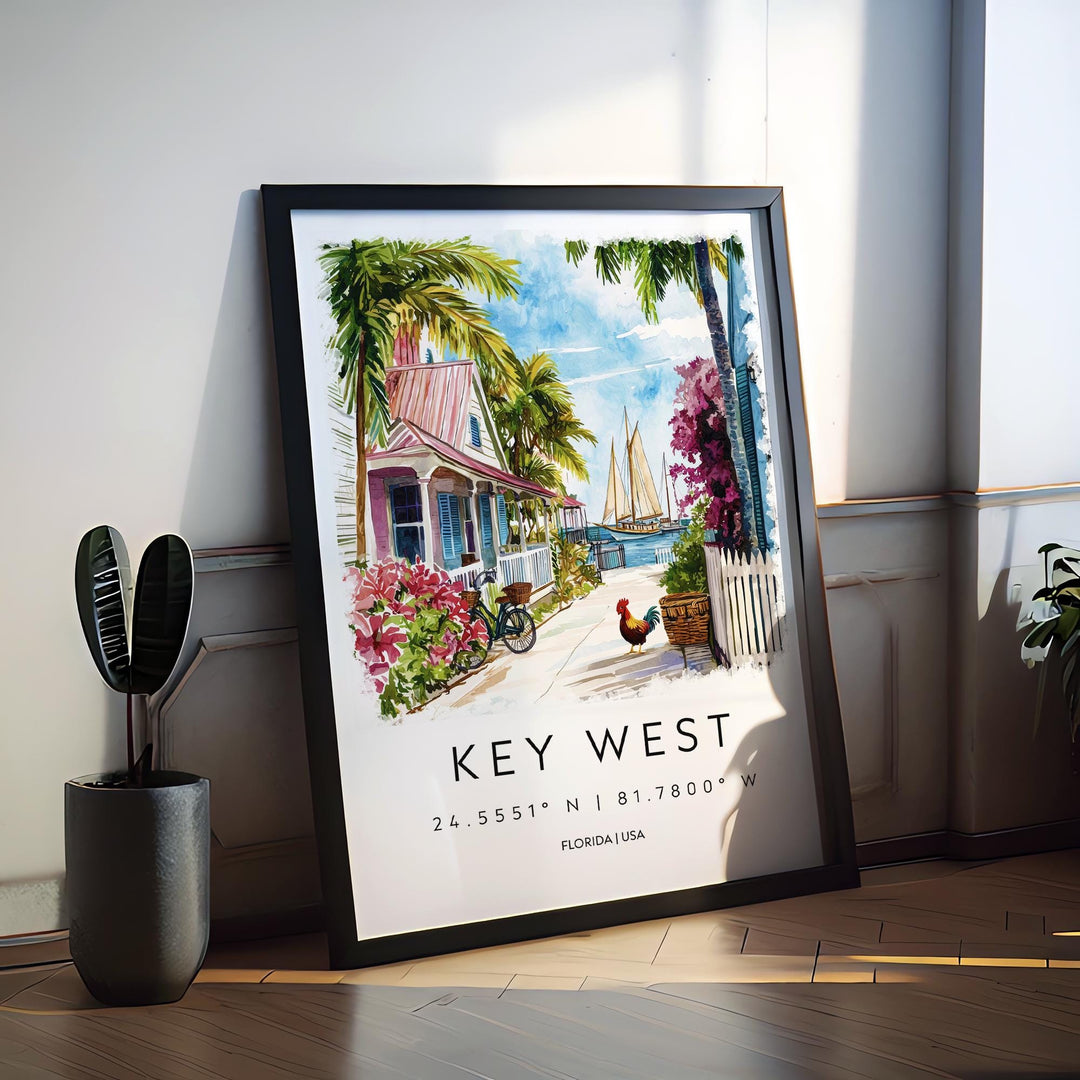 Key West Watercolor Poster Key West Travel Print Florida Wall Art Key West Island Decor Tropical Beach Scene Sunset Coastline Print