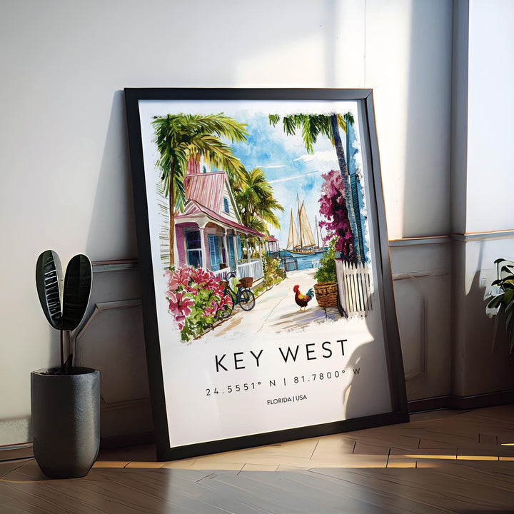 Key West Watercolor Poster Key West Travel Print Florida Wall Art Key West Island Decor Tropical Beach Scene Sunset Coastline Print