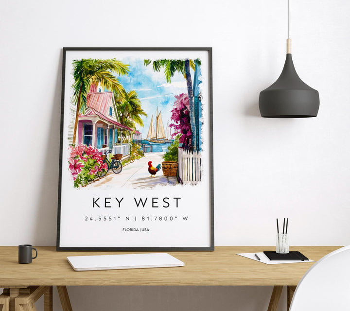 Key West Watercolor Poster Key West Travel Print Florida Wall Art Key West Island Decor Tropical Beach Scene Sunset Coastline Print