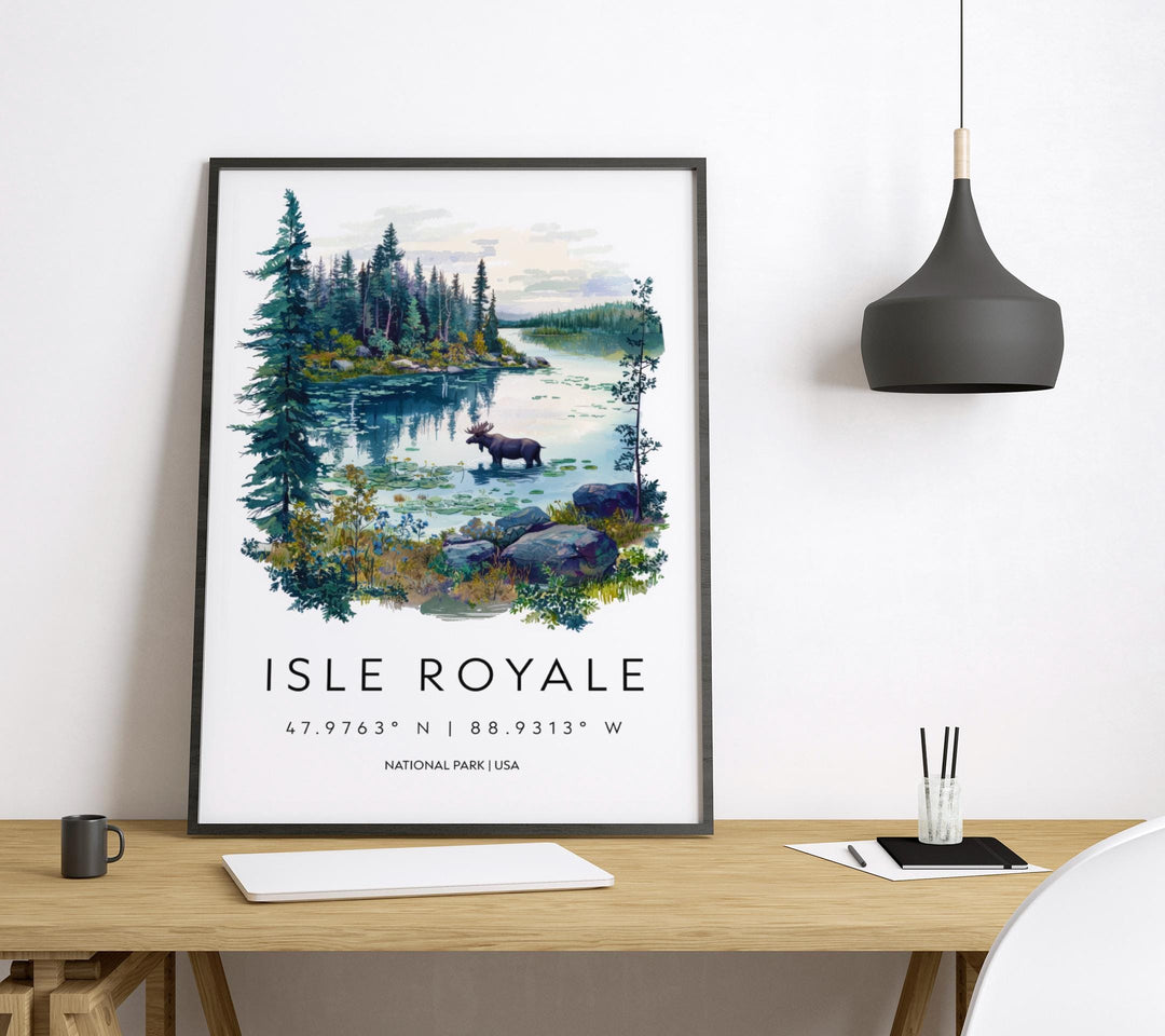 Isle Royale Watercolor Poster Isle Royale Travel Print Michigan Wall Art National Park Decor Lake Superior Landscape Wilderness Scene Print