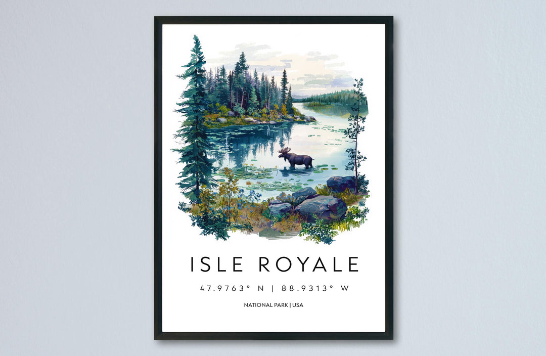 Isle Royale Watercolor Poster Isle Royale Travel Print Michigan Wall Art National Park Decor Lake Superior Landscape Wilderness Scene Print