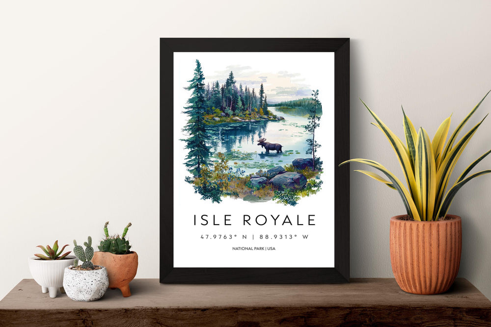 Isle Royale Watercolor Poster Isle Royale Travel Print Michigan Wall Art National Park Decor Lake Superior Landscape Wilderness Scene Print