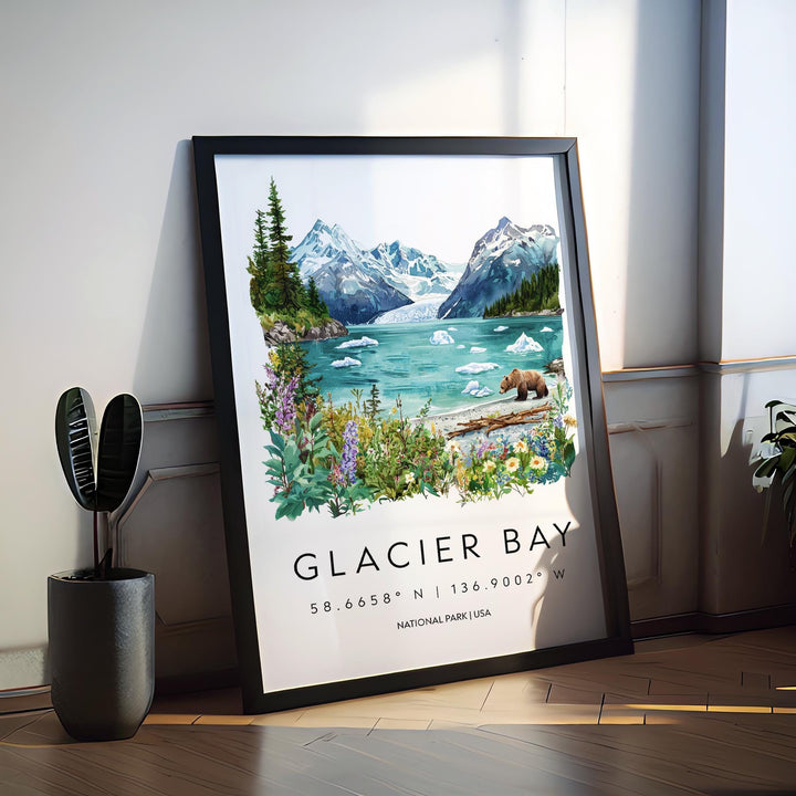 Glacier Bay Watercolor Poster Glacier Bay Travel Print Alaska Wall Art Glacier Bay Decor Coastal Landscape Iceberg Nature Scene Print