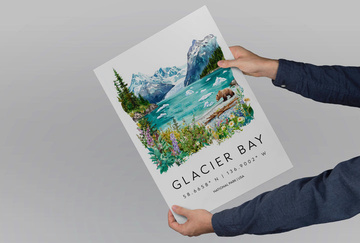 Glacier Bay Watercolor Poster Glacier Bay Travel Print Alaska Wall Art Glacier Bay Decor Coastal Landscape Iceberg Nature Scene Print