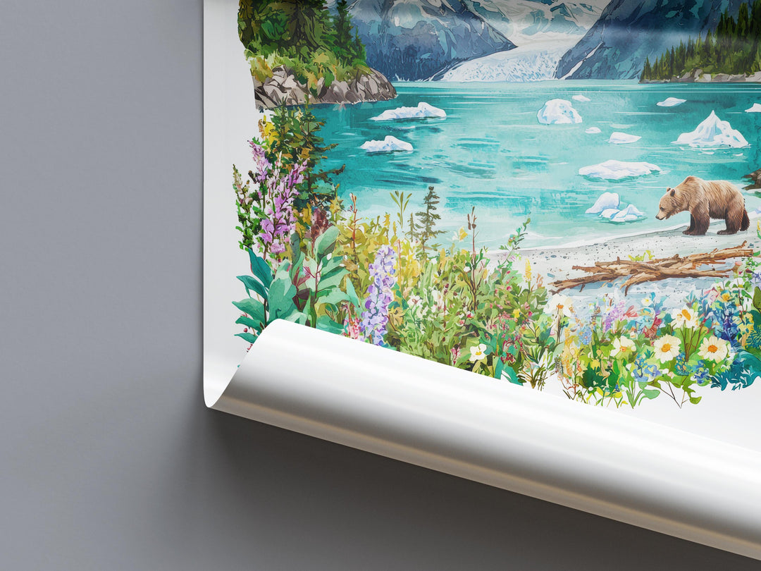 Glacier Bay Watercolor Poster Glacier Bay Travel Print Alaska Wall Art Glacier Bay Decor Coastal Landscape Iceberg Nature Scene Print